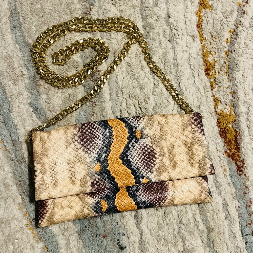 Steve Madden Snake Print Clutch or Crossbody with Gold Chain. EUC